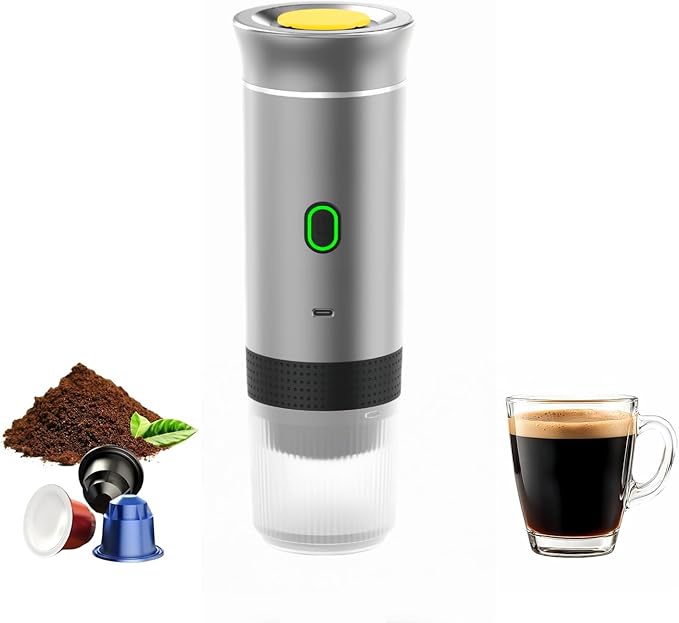 Mini Electric Espresso Coffee Machine Small Self-Heating Portable Car Coffee Maker with Capsule and Ground Coffee for Office RV Travel Camping Hiking (silver)