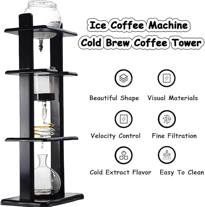 Cold Brew Coffee Tower 1000ml Large Capacity Ice Coffee Machine Slow Drip Technology with Black Wood Straight Frame Makes 6-8 Cups for Bars Clubs Parties