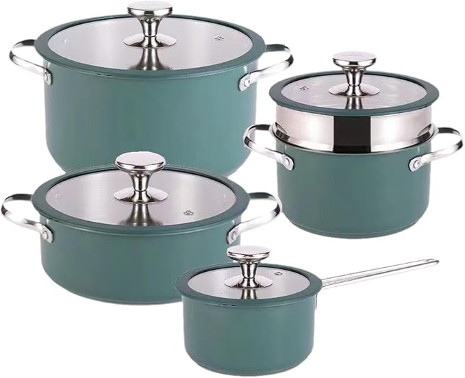 4Pcs Household Cookware Set Cooking Set Seafood Troop Pot Steamer Nonstick Cookware Set Pots and Pans Set for RV Travel Gas dark green