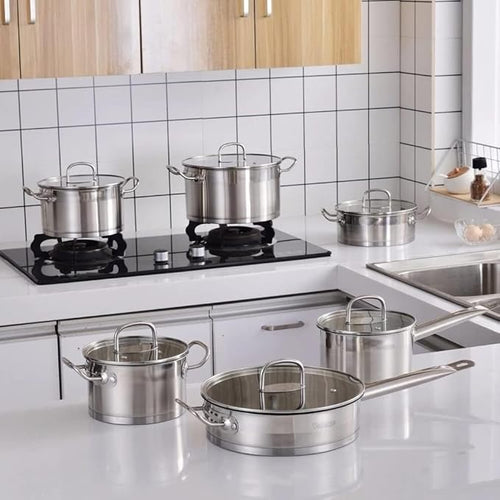 12-Piece Stainless Steel Cookware Set Induction Compatible Saucepans Frying Pan &amp Casserole with Tempered Glass Lids Aluminum Encapsulated Base