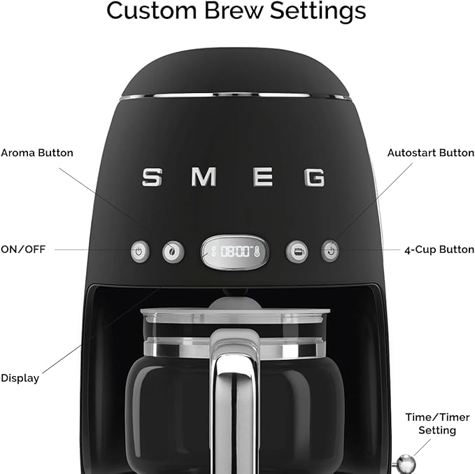 Smeg 50's Retro Style Aesthetic Drip Coffee Machine with 10 Cup Glass Carafe Auto Start Feature Keep Warm Plate and Two Coffee Strength Settings (Matte Black)