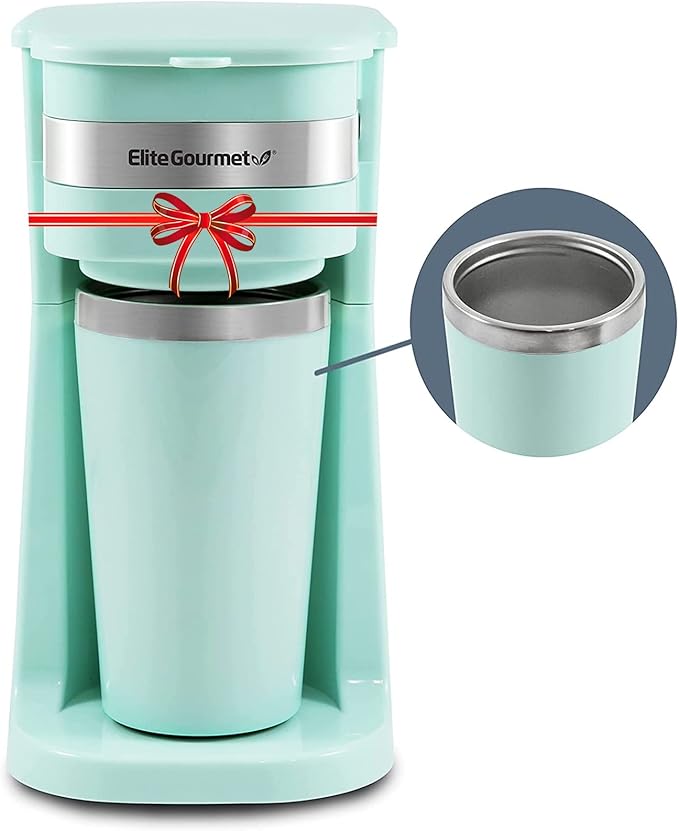 Elite Gourmet Personal Single-Serve Coffee Makers with 14Oz Stainless Steel Travel Mugs Compatible with Coffee Grounds Reusable Filters Mint and Black