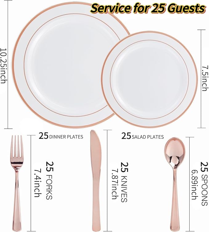 WDF-125PCS Rose Gold Plastic Silverware&ampDisposable Plastic Plates - Disposable Plates include 25 Dinner Plate25 Salad Plate25 Forks 25 Knives 25 Spoons for Wedding Party Birthday