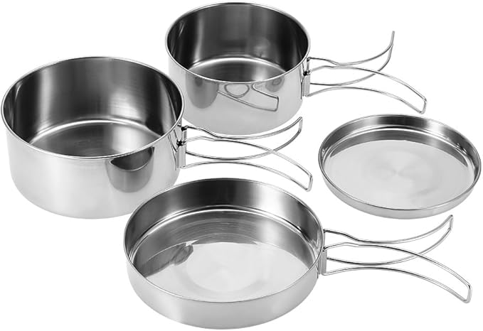 Camping Cooking Set Backpacking Camping Cookware Mess Kit 4Pcs Portable Stainless Steel Camping Picnic Outdoor Pan Pot Plate Tableware