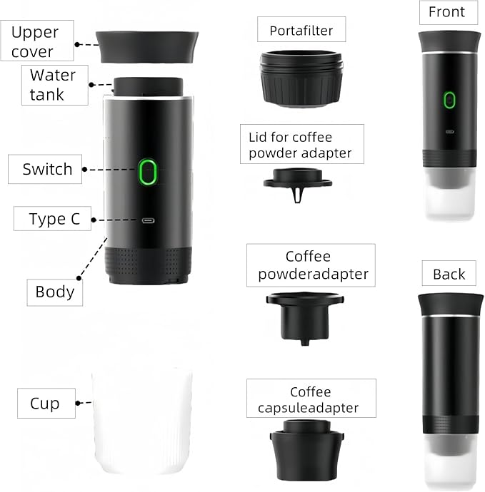 Mini Electric Espresso Coffee Machine Small Self-Heating Portable Car Coffee Maker with Capsule and Ground Coffee for Office RV Travel Camping Hiking (green)