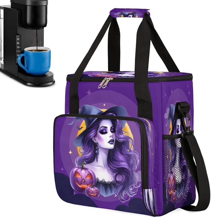 Halloween Witch Pumpkin Moon Coffee Maker Carring Bag Travel Carrying Storage Tote Bag Compatible with Keurig K-Mini or K-Mini Plus Portable Single Serve Coffee Brewer Case with Pockets