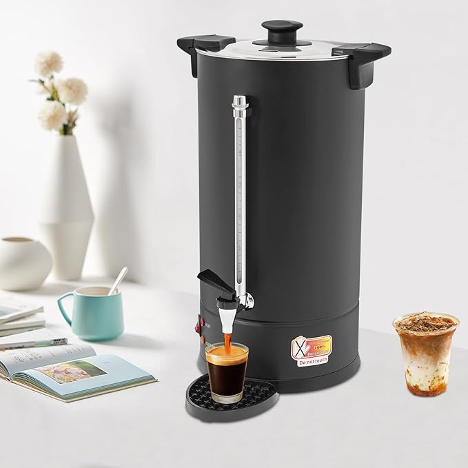 25L Stainless Steel Coffee Urn Hot Water Dispenser Commercial Electric Brewer with Drip Tray No Temp Dial Black Party Catering Church Office Cafeteria Percolator Maker 100-Cup Spigot Tap