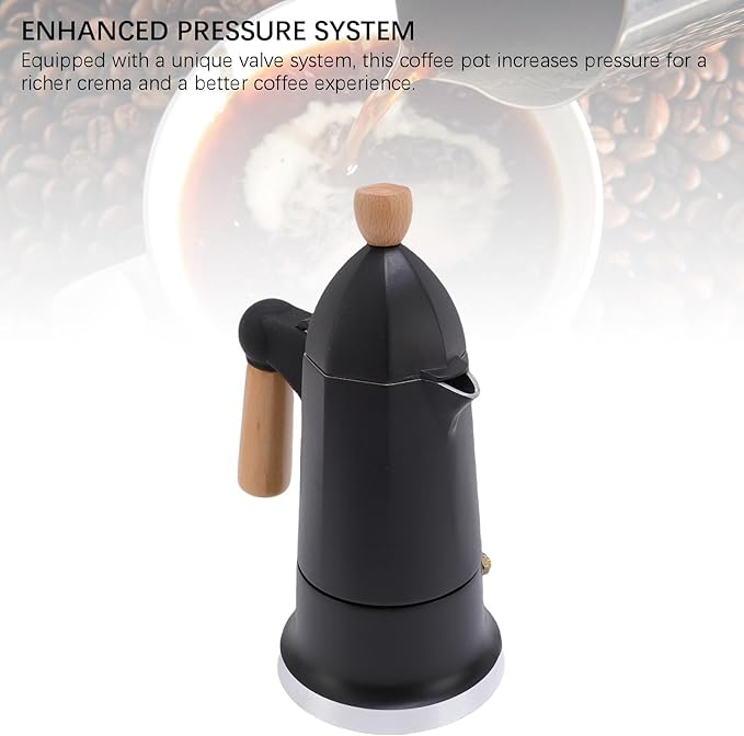 Stovetop Coffee Maker 3 Cups Single Valve Aluminum Alloy Percolator Coffee Maker Pot with Wooden Handle for Home Brewing Easy to Use &amp Clean (Black)