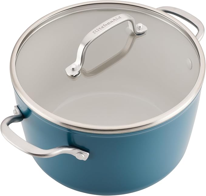 KitchenAid Hard Anodized Ceramic Induction Nonstick Pots and Pans Set with Saucepans Frying Pans Stockpot and Lids Dishwasher Safe 9 Piece Cookware Set with Stainless Steel Handles - Agave Blue