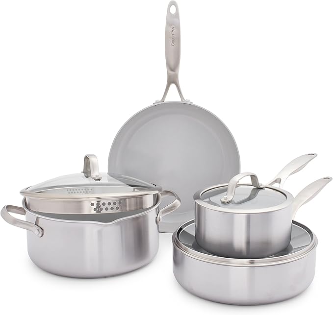 GreenPan Venice Pro Tri-Ply Stainless Steel Healthy Ceramic Nonstick 7 Piece Cookware Pots and Pans Set PFAS-Free Multi Clad Induction Dishwasher Safe Oven Safe Silver
