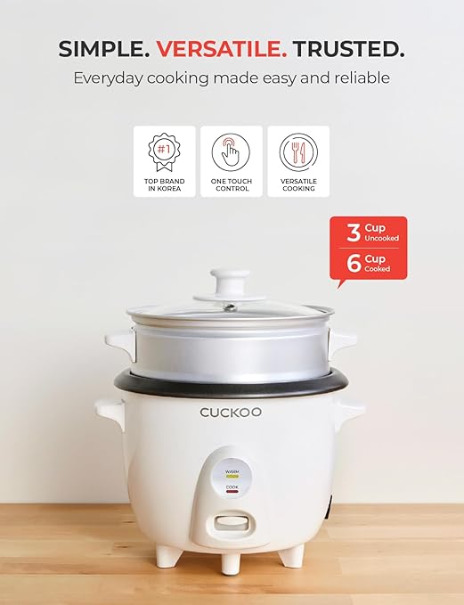 CUCKOO One Touch Rice Cooker 3-Cup (Uncooked) / 6-Cup (Cooked) Mini Rice Cooker &amp Warmer with Steamer Tray Versatile Grain Cooker Soup Maker Auto Keep Warm White (CR-0301C)
