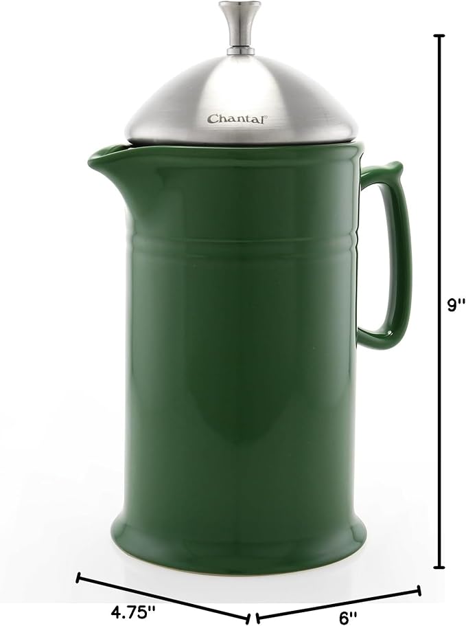 Chantal Stoneware French Press with Stainless Steel Plunger and Lid 28 ounce capacity Green