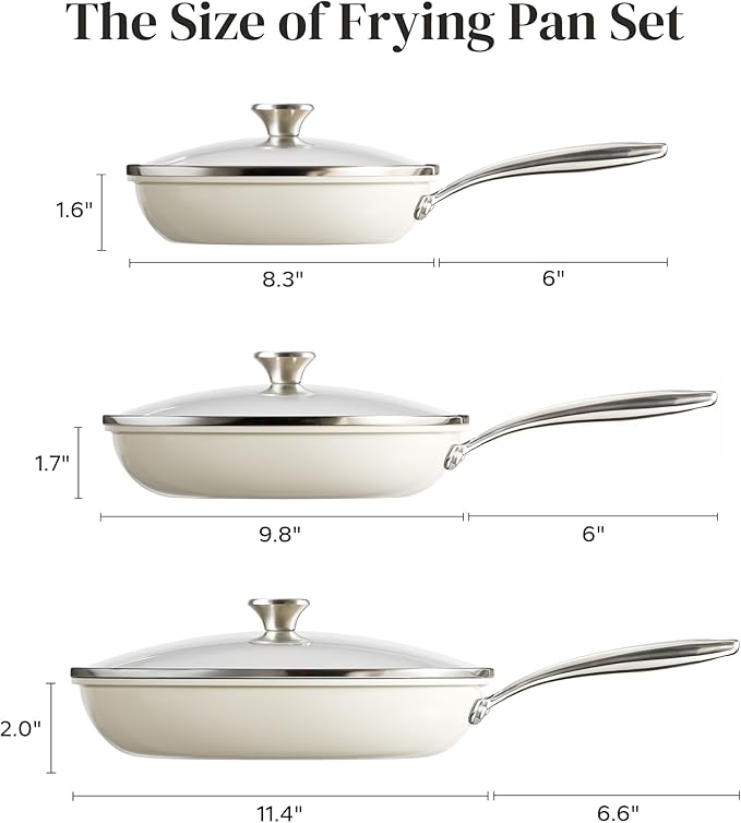Redchef Nonstick Cookware Sets Frying Pan Set with Tempered Glass Lids Ceramic Cookware Set Stay-Cool Handles Dishwasher &amp Oven Safe Compatible with All Cooktops Beige (8+9.5+11 Inch)