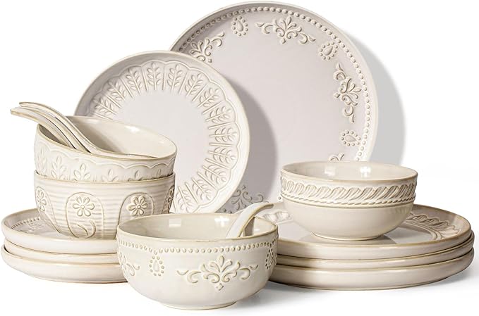 Artena Plates And Bowls Sets 16 Pieces Dinnerware Sets Dish Set For 4 Ceramic Kitchen Bowl And Plate Set Embossed White Dishware Sets Dishwasher &amp Microwave Safe (Multiple Patterns)