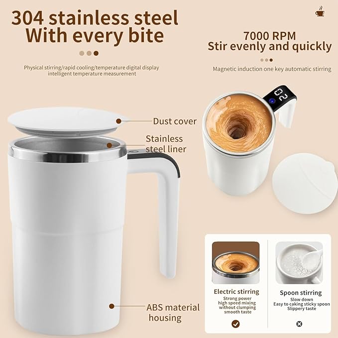 Automatic Stir Coffee g with Temperature Display – Rechargeable Self- Lid Stainless Steel Ideal for Milk and Beverages (White)