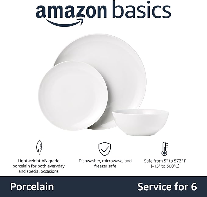 Amazon Basics 18-Piece Complete Kitchen Dinnerware Set Microwave and Dishwasher Safe Plates Dishes Bowls for Everyday Use Service for 6 White Porcelain Coupe