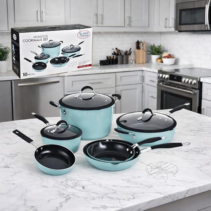 Alpine Cuisine 10-Piece Aluminum Forged Nonstick Cookware Set with Stainless Steel Handles Induction-Ready Pots &amp Pans Glass Lids Teal