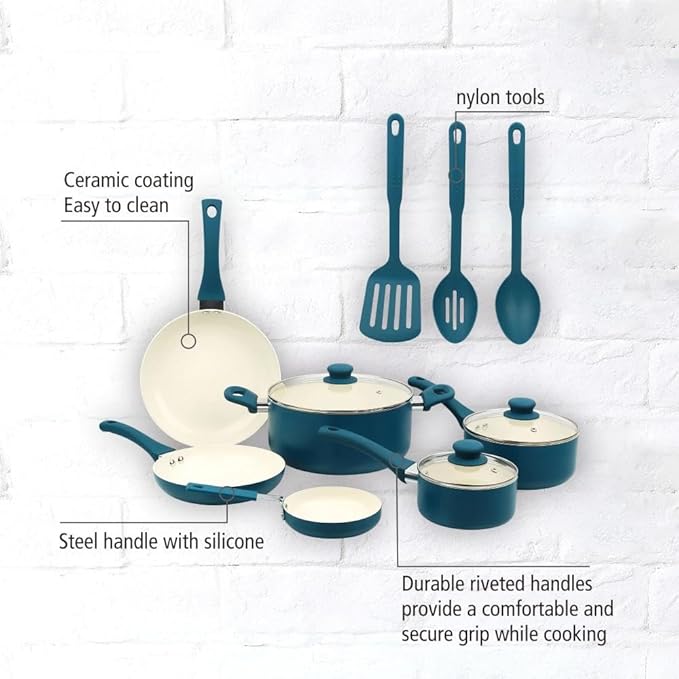 12-Piece Blue Ceramic Cookware Set Non-Stick Pots and Pans Set with Aluminum Body &amp Riveted Handles Complete Kitchen Cookware Collection for All Stovetops Except Induction