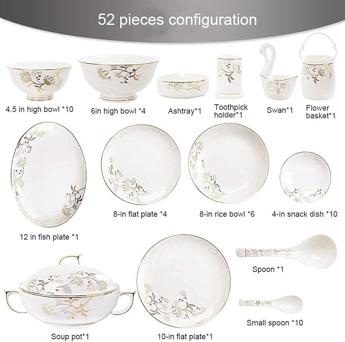 Dinnerware Set Dinner Party Tableware Service Set Ceramics Dinnerware Set with 52-Piece Bowl/Dish/Soup Pot/Spoon|Bone China Dinner Sets Golden Pattern Porcelain Combination