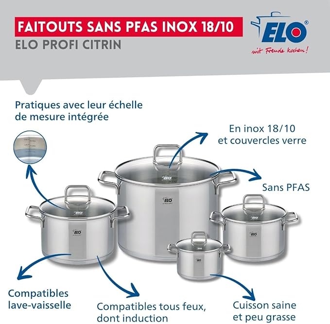 ELO 9513650 Cookware Set 7 Pieces 3 Frying Pans 24 28 and 32 cm and 4 Saucepans 12 16 20 and 26 cm Elo Profi Citrine Stainless Steel Induction