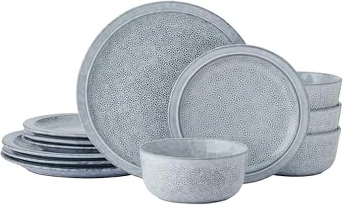 Pfaltzgraff Blooming Meadow 12 Piece Plates Bowls Dinnerware Set Service for 4 Blue