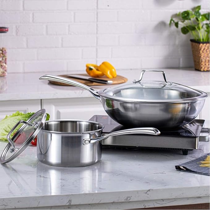 2-Piece Cookware Set Stainless Steel Wok Saucepan with Tempered Glass Lid Comfortable Handle Suitable for Gas Induction Cooker Easy to Clean Large Pan