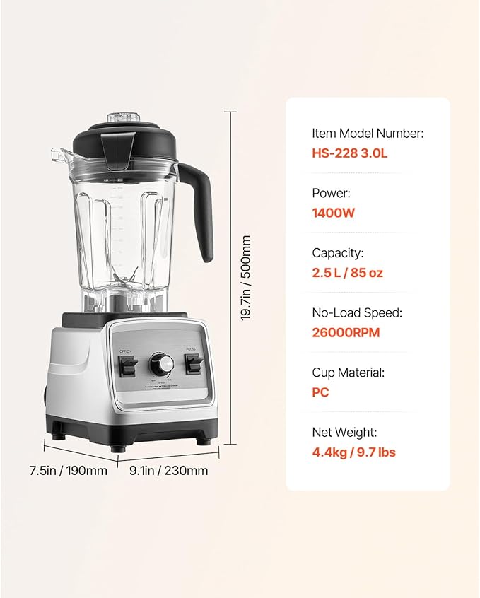 Happybuy Professional 1400W Blender for Smoothies 85 oz Capacity Multi-Functional Kitchen Blender with 2 Travel Cups Ideal for Smoothies Milkshakes and Juices