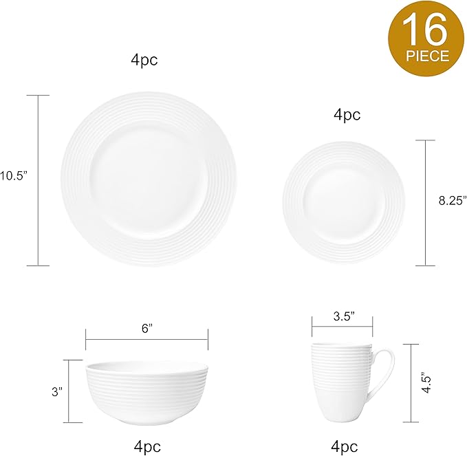 Bone China 16 Piece Dinnerware Dish Set Service for 4 White Embossed Circle Microwave Safe Translucent Elegant giftware Essential Home Formal and Everyday Living Kitchen Dishes Dinner Set
