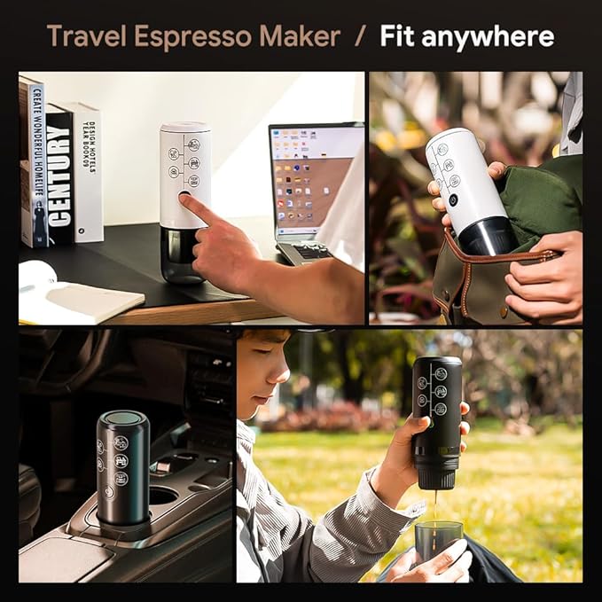 Portable Espresso Machine Mini 12V Rechargeable 3-in-1 Multi-Function Electric Coffee Machine One Key Extraction Compatible with NS &amp DG Capsules and Ground Coffee for Office Home (Black)