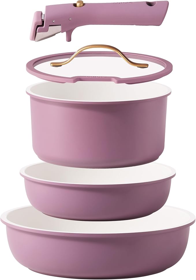CAROTE 5pcs Pots and Pans Set Nonstick Cookware Set Detachable Handlekitchen essentialsRV kitchen pot and panInduction CookwareOven SafePFOA PFOS FREEPurple