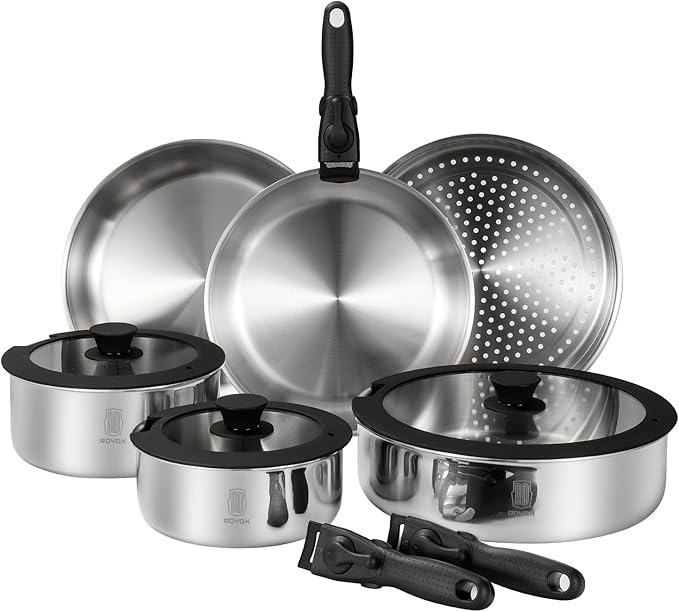 ROYDX 20pcs Tri-Ply Stainless Steel Cookware Set 18/10 Stainless Steel Pots and Pans Set with Detachable Handle Cookware Set PFOA Free for All Stoves Space Saving Induction Oven Safe