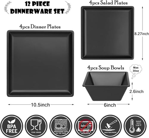 12 Piece Melamine Plates and Bowls Sets Square Dinner Set with Plates Dishes Bowls Black Square Dinnerware Sets -Serving Platers for 4 Dishwasher Safe