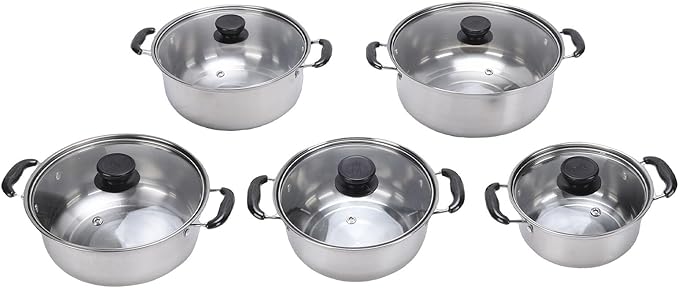 5PCS Stainless Steel Cookware Set Glass Lids Kitchen Cooking Pots for Induction Cooktop with Sturdy Structure and Easy to