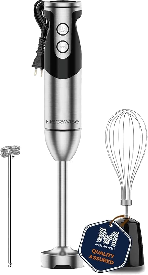 Megawise High-Power Hand Blender – 400W Max Power with Versatile 3-in-1 Attachments (Blending Shaft Whisk Chopper) Ergonomic Design with Adjustable Speed Control Easy to Clean and Maintain (Black)