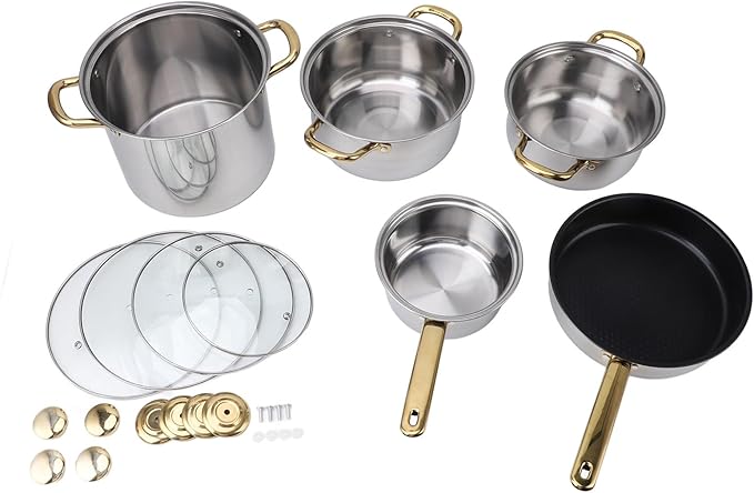Ergonomic Stainless Steel Cookware Set with Golden Handles Multifunctional Pots and Pans with Glass Lids Ideal for the Kitchen