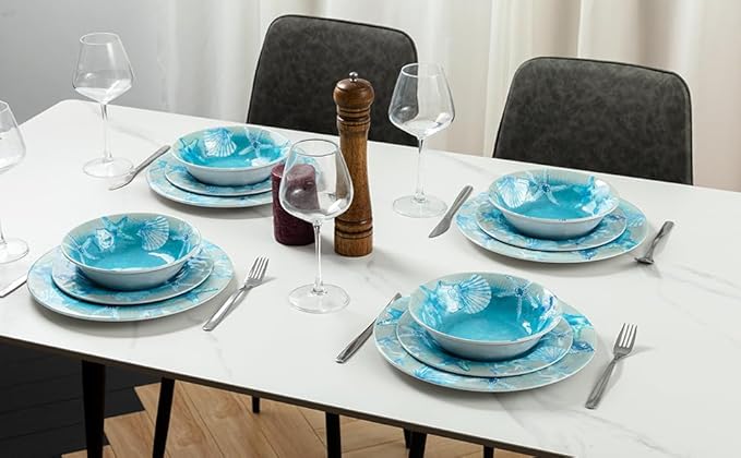 12 PCS Melamine Dinnerware set Unbreakable Coastal Plates and Bowls Set Lightweight Chip Resistant Oceanic Dishes Set Service for 4 Great for Camper RV Indoors Outdoors Use