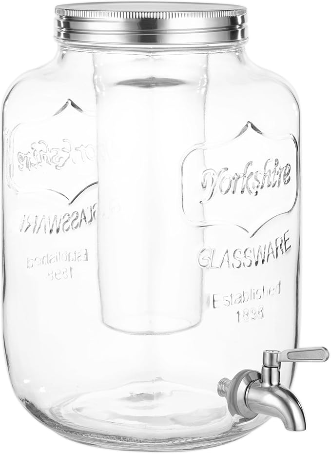 Navaris Drink Dispenser with Tap - 2.1gal (8L) - Glass Drinks Dispenser w/Fruit Infuser &amp Ice Insert - Large Water or Cocktail Jar - For Party Office or Home