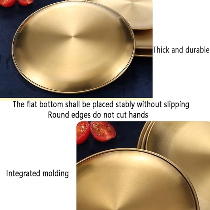 Hbluefat 4 PCS 12 Inch Gold Brushed Stainless Steel PlateRound Metal Dinner PlatesKitchenware Dinner Dishes Serving Tray Camping Plates for BBQSnackSteakFood ServingDishwasher Safe (Golden)