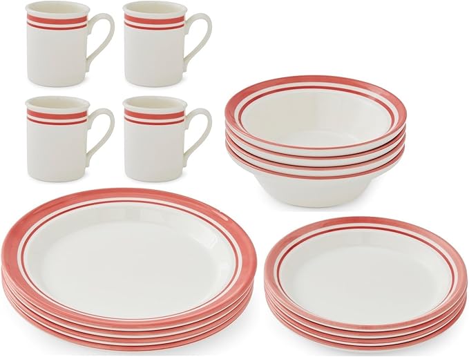 Portmeirion Potter’s Stripe 16-Piece Dinnerware Set - Red Earthenware Plates Bowls &amp Mugs Minimal Serveware for Everyday Family Dining &amp Gathering Holiday Entertaining &amp Gift Giving (Se
