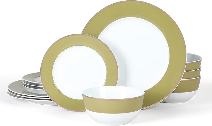 Martha Stewart Gracie Lane 12 pc Porcelain Decorated Chip and Scratch Resistant Dinnerware Set - Olive Green w/Gold Rim