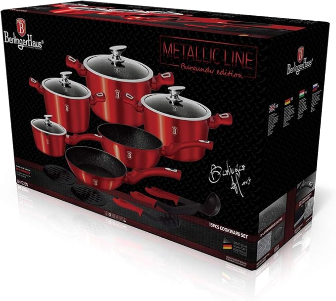 Berlinger Haus Kitchen Cookware Set 3-Layer Marble Coating with Ergonomic Soft - Touch Handle Turbo Induction Based Elegant Design &amp Eco Friendly PFOA Lead Cadmium Free | 15-Piece Burgundy Color
