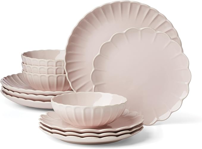 Lenox Dinnerware Set French Perle Scallop Blush 12-Piece Set Service For 4 Stoneware Dishwasher Safe Microwave Safe Plates and Bowls sets Dish Set Plate Set Home And Kitchen (Pink 12 Piece)