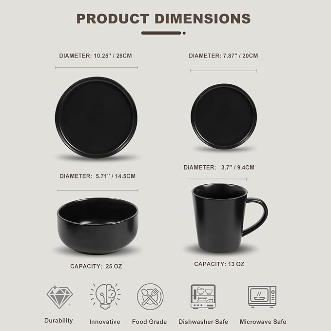EWFEN Plates and Bowls Sets 32 Pieces Ceramic Dinnerware Set for 8 Stoneware Dishware Dishes Set Scratch Resistant Dishes Set Dishwasher &amp Microwave Safe Black