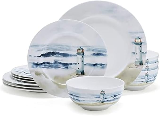 Mikasa Seaside Coastal Bone China Lightweight Chip Resistant 12 Piece Dinnerware Set Service for 4