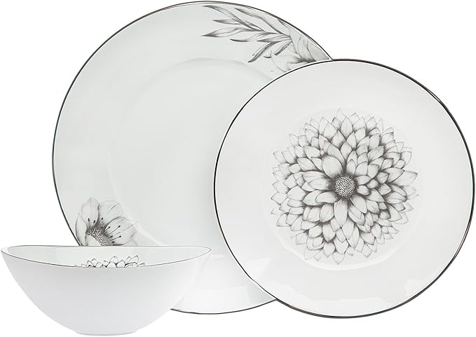 Ricci Argentieri Dahlia Dinnerware Set Dinner Plate 10in Salad Plate7.5 and Soup Plate 6in Porcelain Dinnerware Everyday Dining or Special Occasions Gift for Weddings and Housewarmings