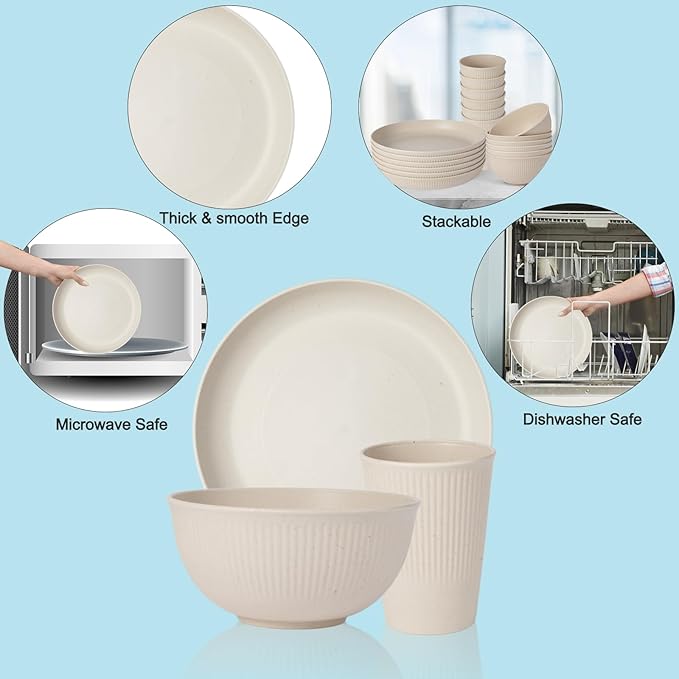 18pcs Wheat Straw Dinnerware Sets Unbreakable dish Set Reusable Plates Bowls and Cups Set dishes Dishwasher Microwave Safe for Kitchen Outdoor Travel Camping (Beige)