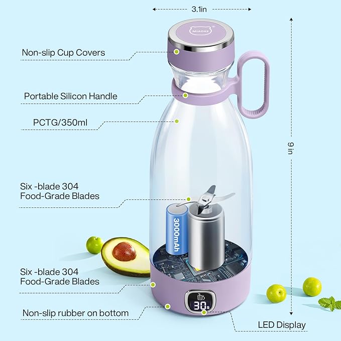 Portable Blender MIAOKE 6 Blades Juicer Cup for Juice Shakes and Smoothies 350ml Mini Blender with Led Display Usb Rechargeable3000Mah Rechargeable Battery for Home Sports Outdoors Travel-Purple