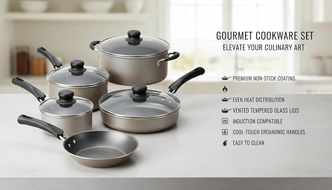 9-Piece Champagne Non-Stick Cookware Set Aluminum Pots Pans Gas Induction Compatible with Tempered Glass Lids &amp Cool-Touch Handles Household Multi-Cooktop Kitchen Set