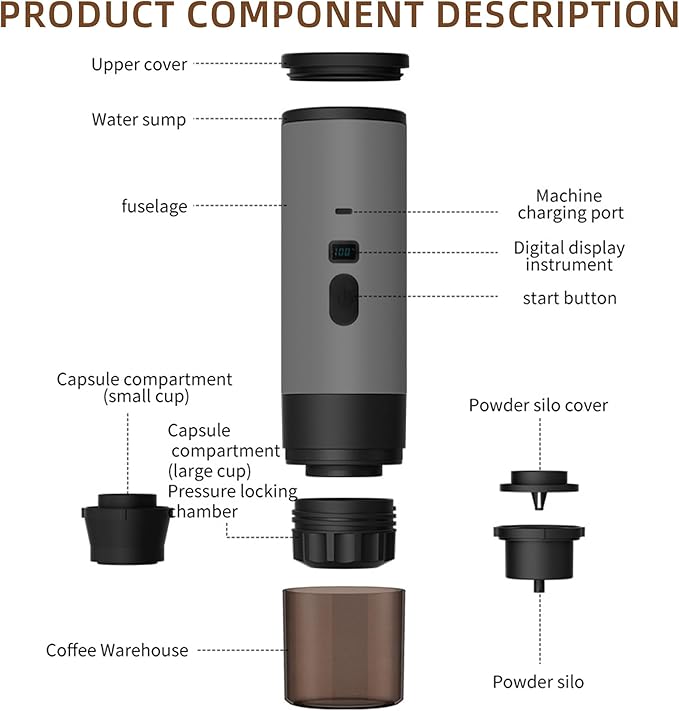 Portable Coffee Maker Espresso Machine for Travel Nano Car Coffee Maker Compatible with Ground Coffee &amp Capsule for RV Hiking Camping Office Travel Espresso Maker Electric Gray