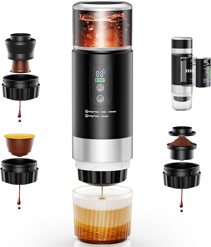 Portable Espresso Maker Travel Coffee Maker for camping Portable Espresso Machine with USB-C 3-in-1 Small Espresso Machine with Ground Coffee &amp Capsules (NS＆DG) for RV Hiking (Obsidian Black)